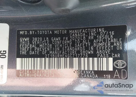 2016 Toyota Corolla Le from USA, damaged, VIN 2T1BURHE4GC717776